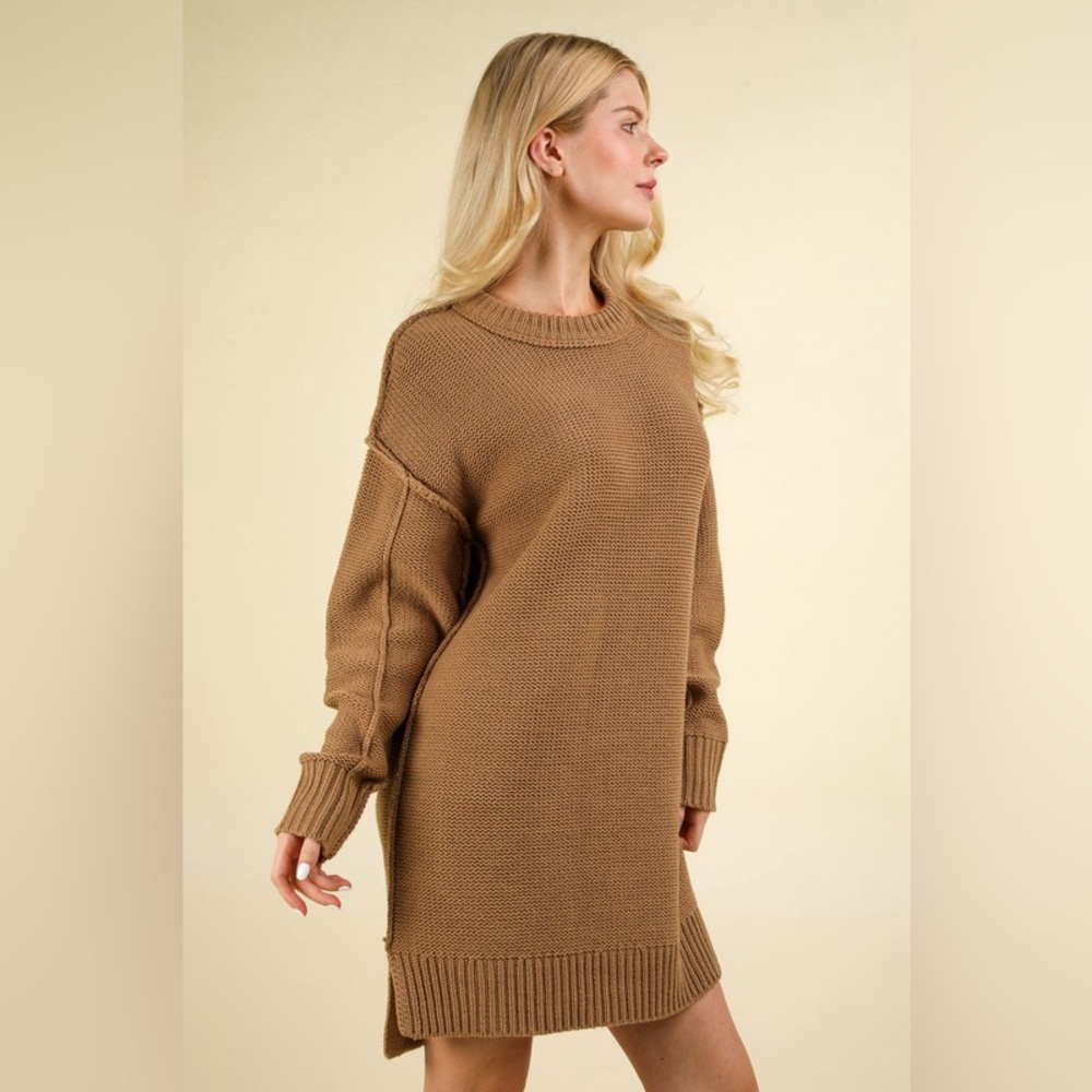 NWTBrown Tan raw hem stitched long sleeve cable knit boho bohemian sweater dress